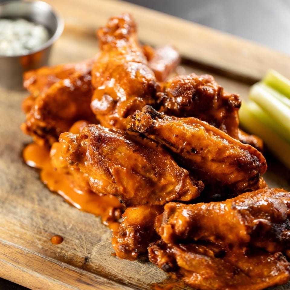 A platter of saucy chicken wings with a side of ranch dressing and celery sticks.